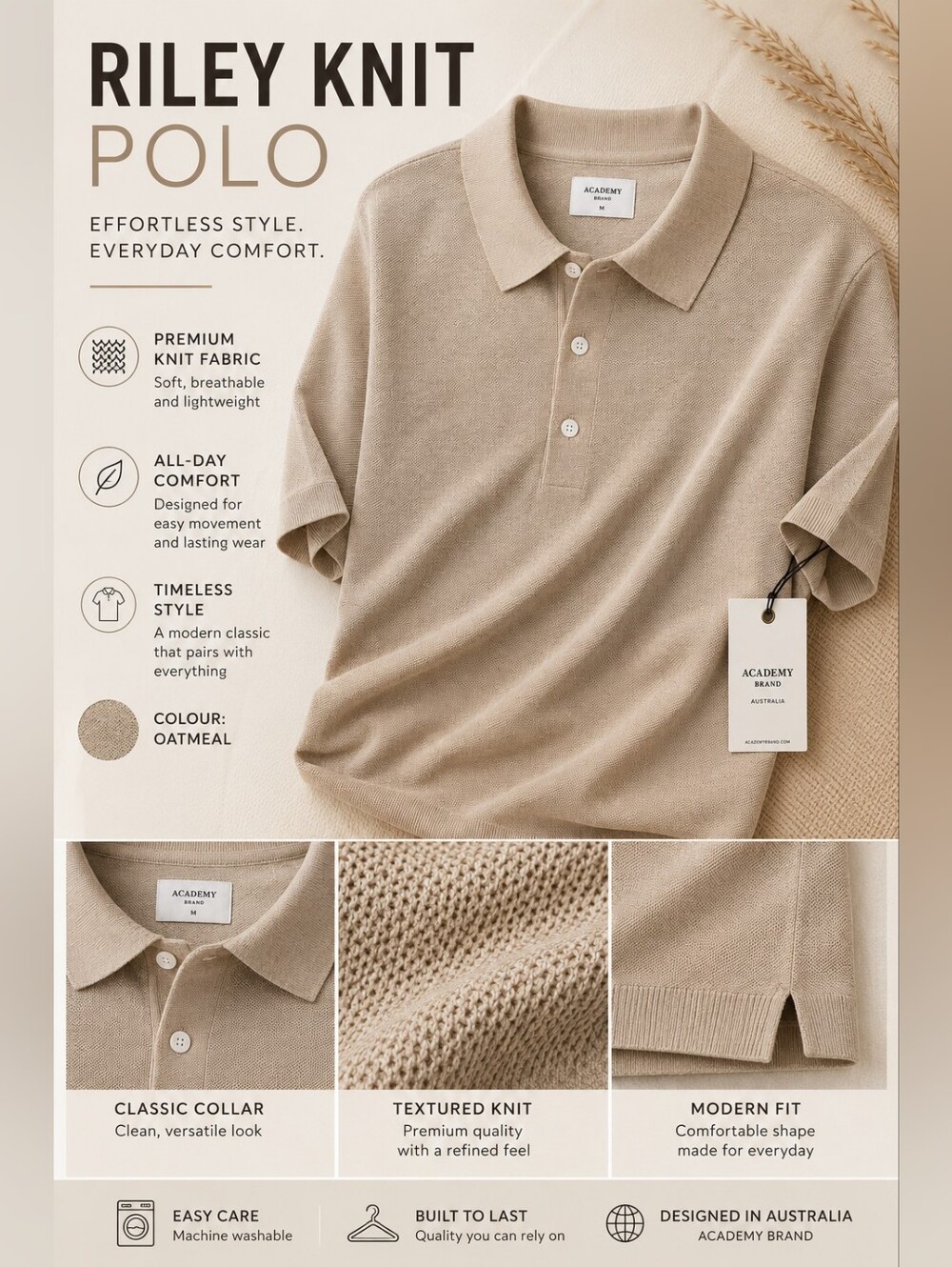 Academy Riley Knit Polo — Oatmeal